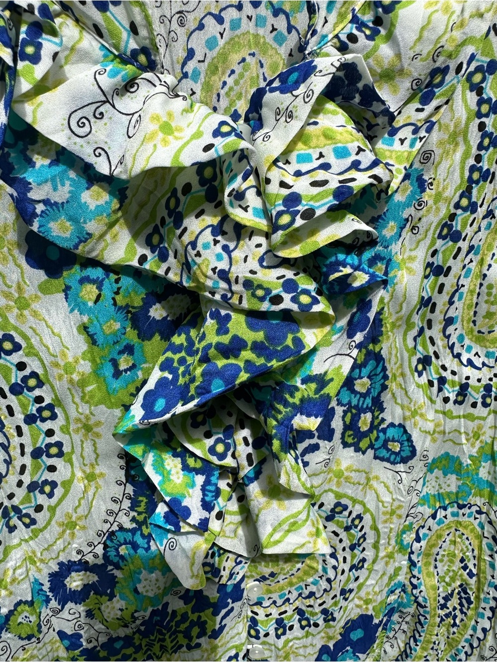 dressbarn Blue & Green Paisley Ruffle V-Neck Blouse - Picture 3 of 4